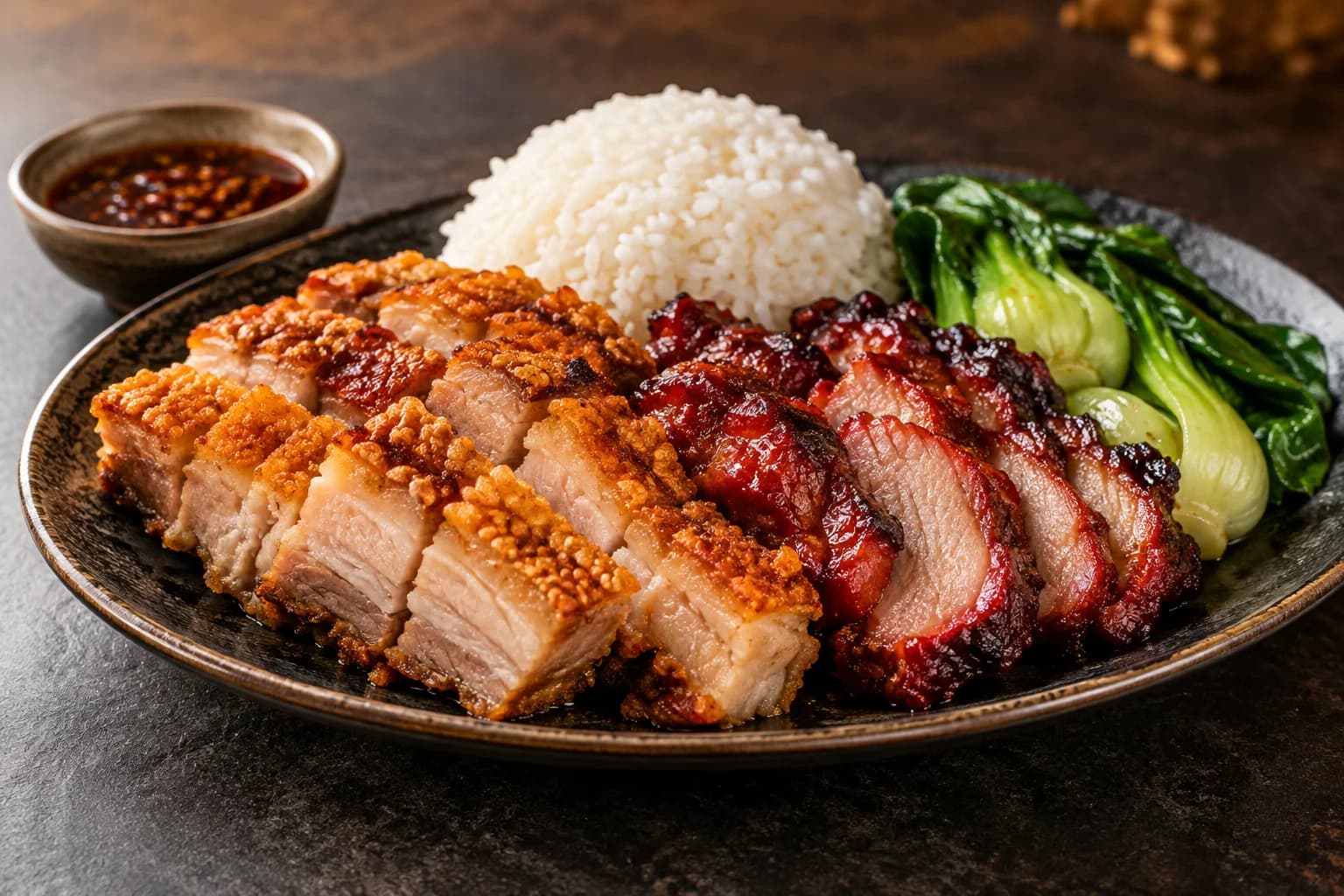 Generated illustration of Chinese roast pork, char siu, rice and bok choy